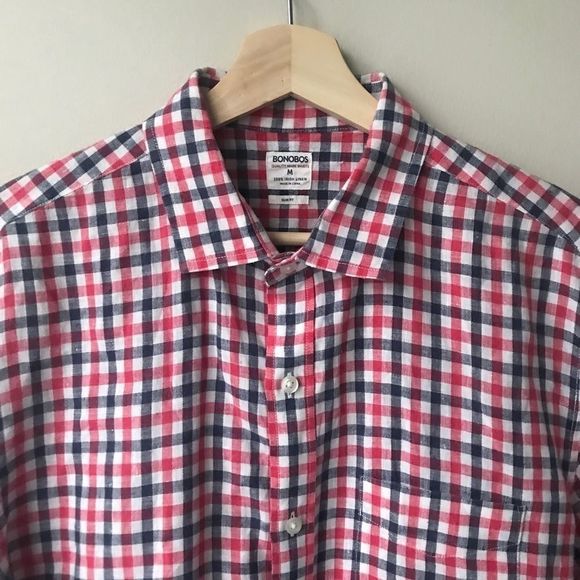 Bonobos Irish Linen Slim Fit Red Blue Shirt Medium - Picture 1 of 6